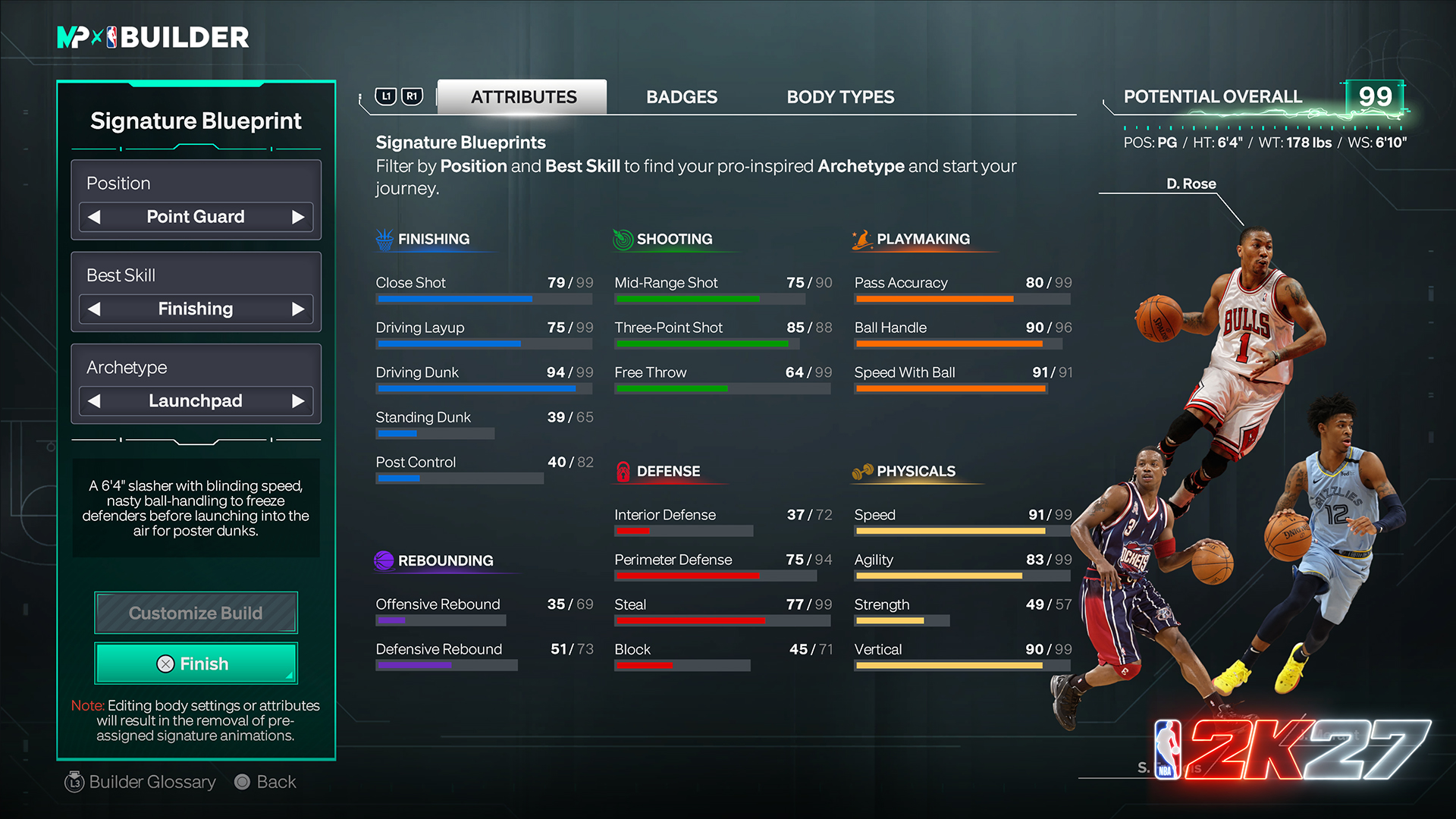 NBA 2K27 Signature Blueprints builder screen showing the Launchpad point guard build